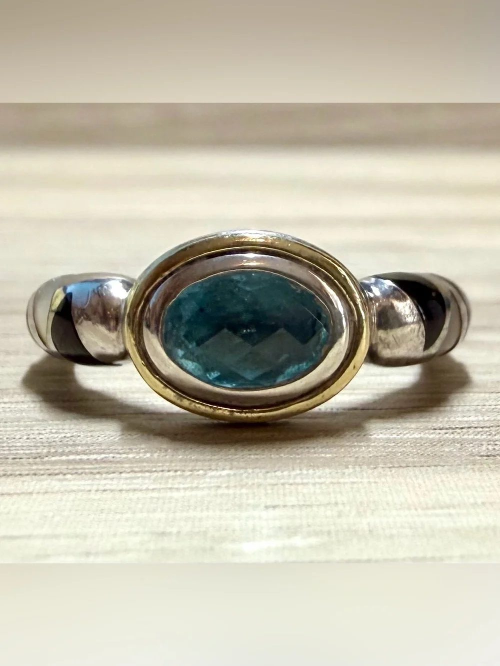 Vintage Modernist Asch Grossbardt Sterling Silver & 18K Gold Blue Topaz Ring